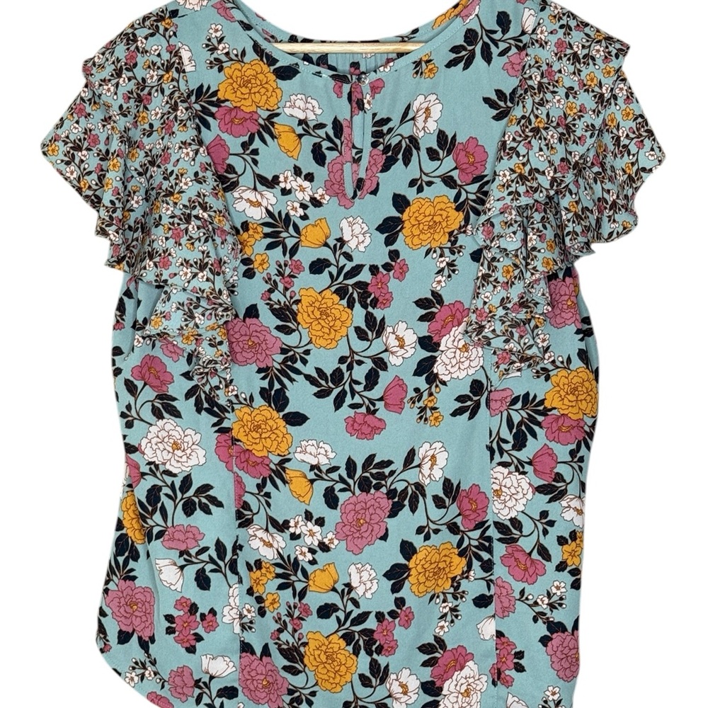 DR2 Floral Ruffle Sleeve Blouse Women Size L Teal Multicolor Boho Spring Top